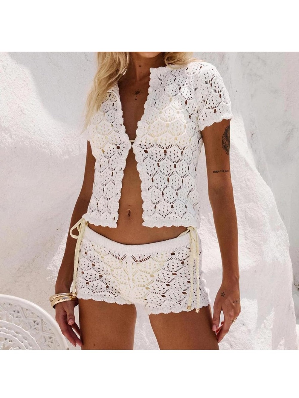 REVOLVE White Crochet Short Sleeve Swim Coverup Set - Picture 2 of 8